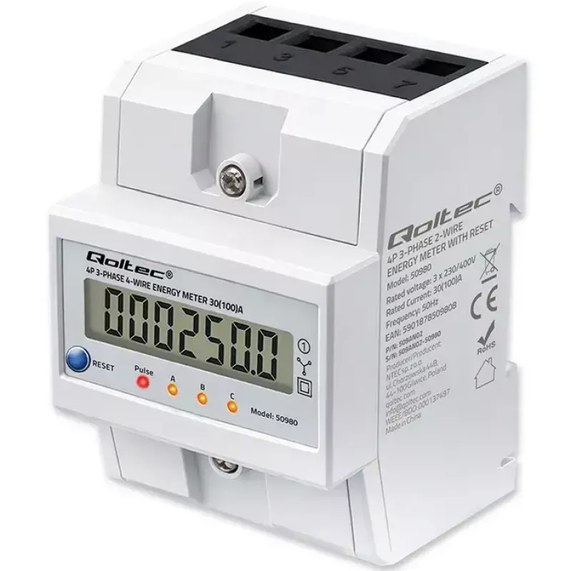Driefasige energiemeter QOLTEC 50980 — 400 V, 100 A met reset