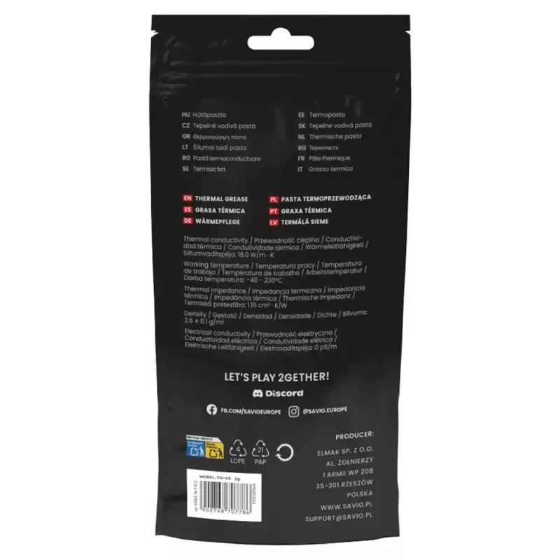 Warmtegeleidingspasta SAVIO TG-05 2g — warmtegeleidbaarheid 18 W/m·K, 2 ml
