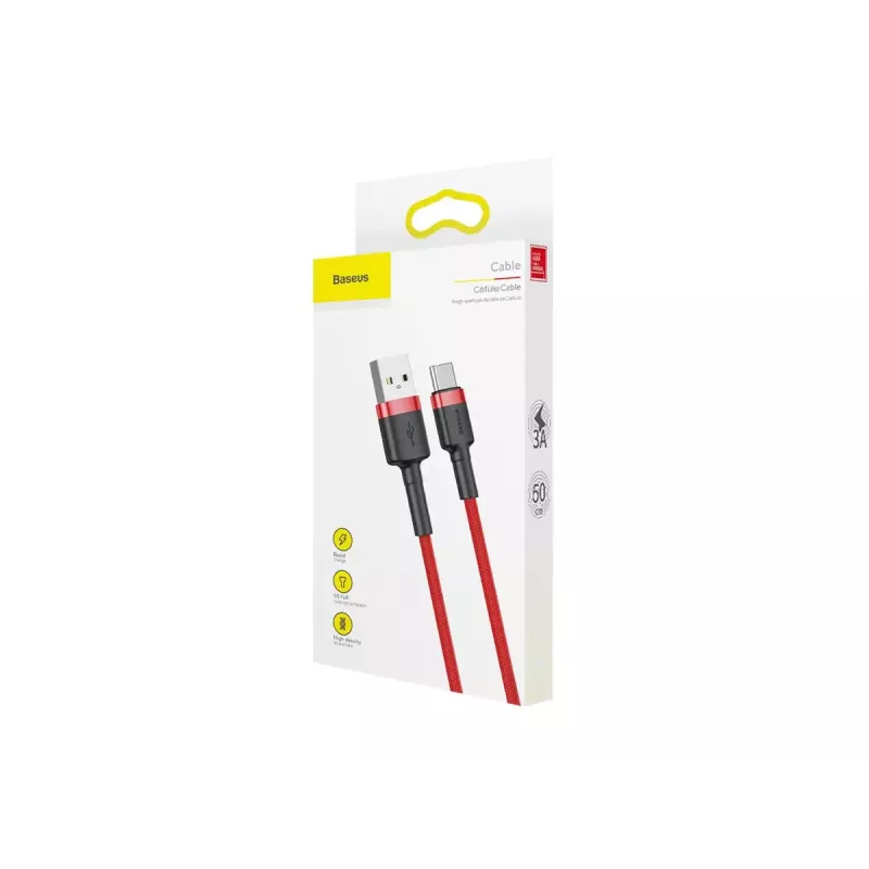 USB-A-naar-USB-C-kabel Baseus Cafule — USB 2.0 A→C, QC3.0-laadondersteuning, nylon gevlochten, rood