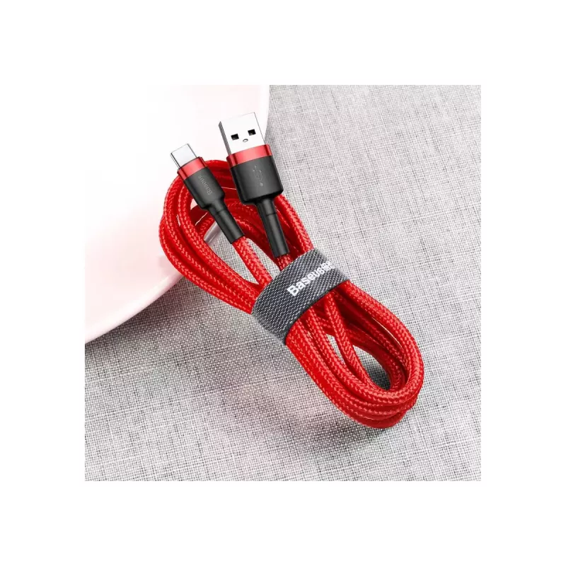 USB-A-naar-USB-C-kabel Baseus Cafule — USB 2.0 A→C, QC3.0-laadondersteuning, nylon gevlochten, rood