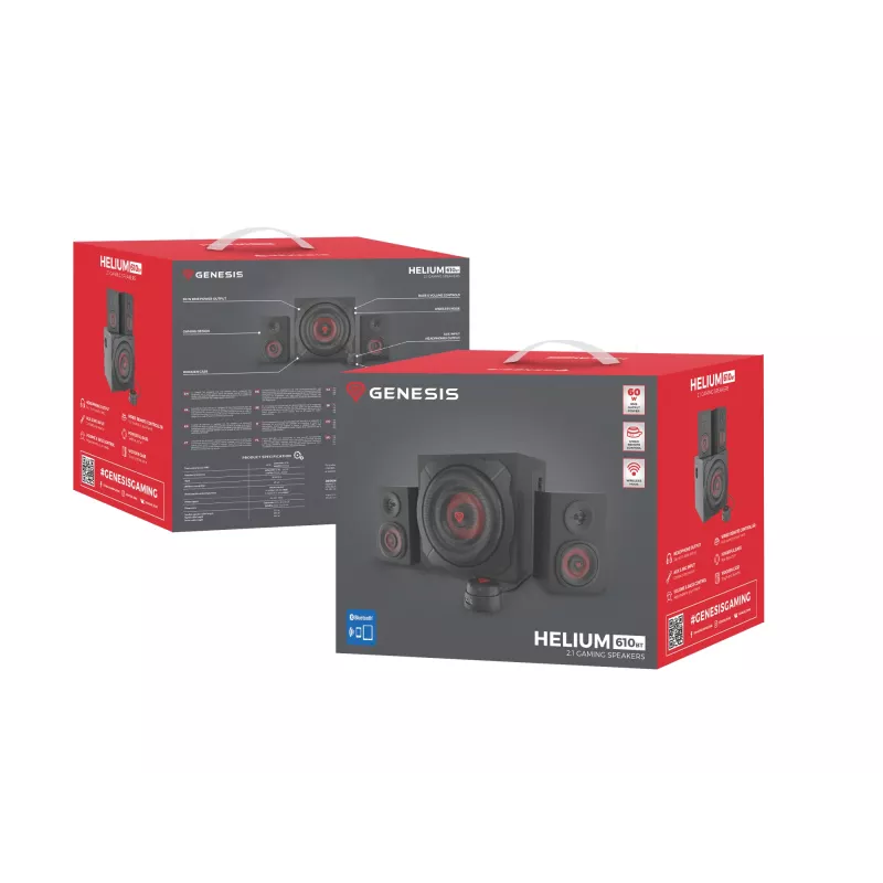 Luidsprekerset GENESIS Helium 610BT 2.1, 60 W RMS, Bluetooth, bedraad, rood/zwart, compacte subwoofer