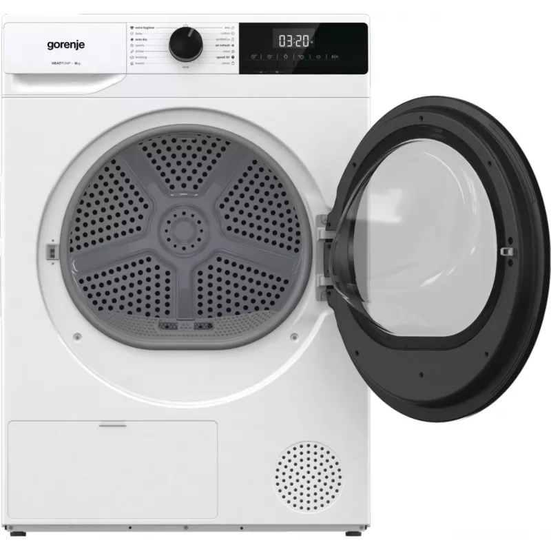 Gorenje droger DHNE82 BK040, vrijstaand, frontlader, warmtepomp, wit, knoppen, draaiknop, rechts