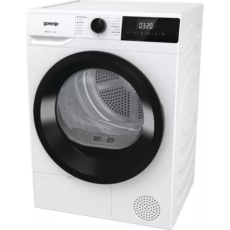 Gorenje droger DHNE82 BK040, vrijstaand, frontlader, warmtepomp, wit, knoppen, draaiknop, rechts