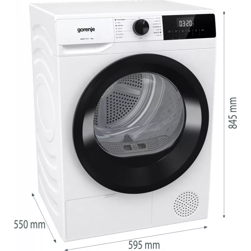 Gorenje droger DHNE82 BK040, vrijstaand, frontlader, warmtepomp, wit, knoppen, draaiknop, rechts