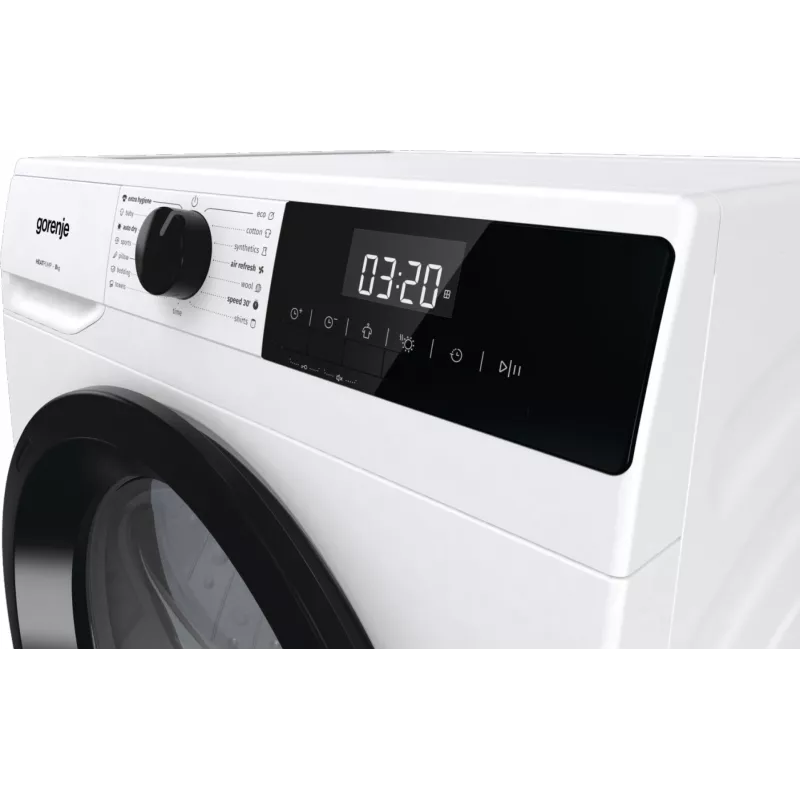 Gorenje droger DHNE82 BK040, vrijstaand, frontlader, warmtepomp, wit, knoppen, draaiknop, rechts