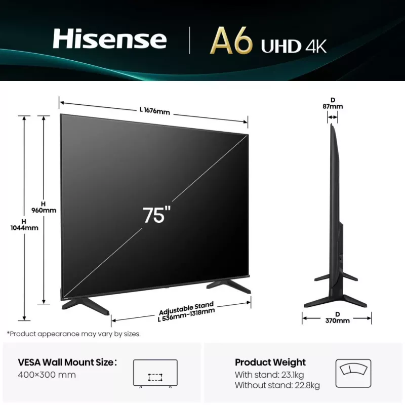 Hisense 75A6Q tv 190,5 cm (75 inch) 4K Ultra HD smart-tv Wi-Fi zwart