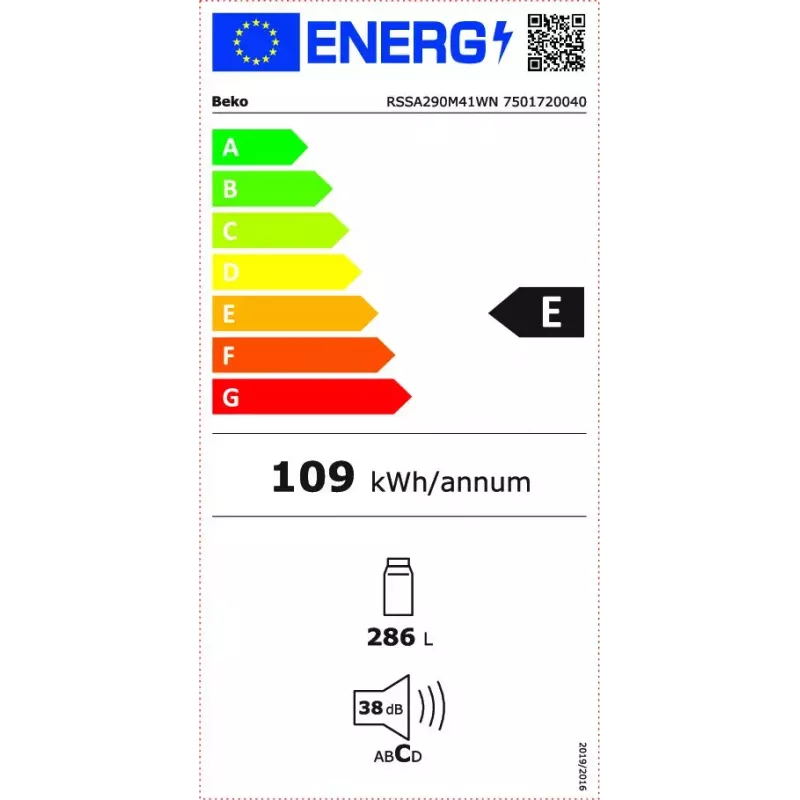 Vrijstaande koelkast BEKO RSSA290M41WN — 286 L inhoud, energieklasse E, 38 dB, wit