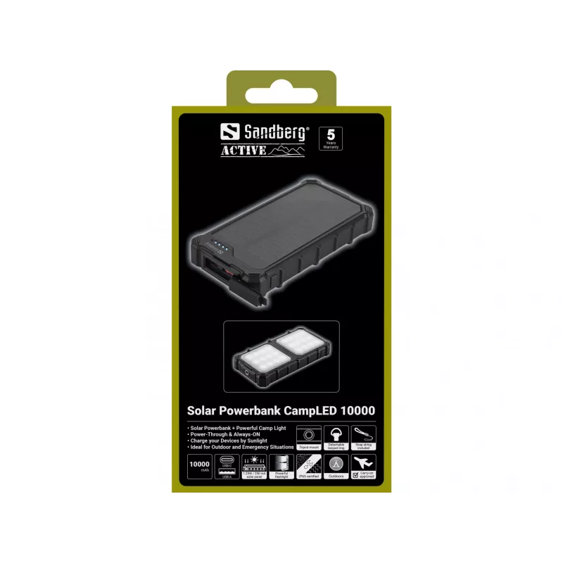 Sandberg Solar Powerbank CampLED 10000, 10000 mAh, Programmable Power Supply (PPS), 3,7 V, 15 W, zwart