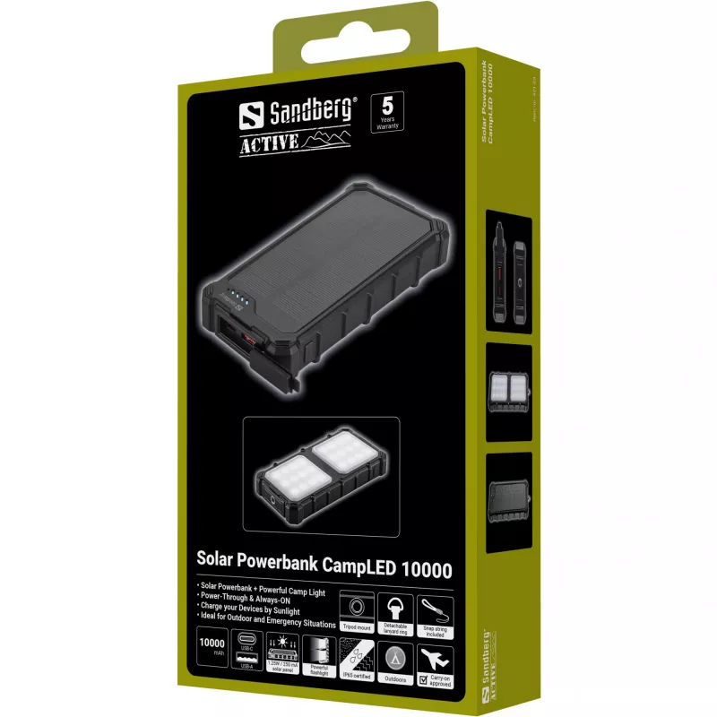 Sandberg Solar Powerbank CampLED 10000, 10000 mAh, Programmable Power Supply (PPS), 3,7 V, 15 W, zwart