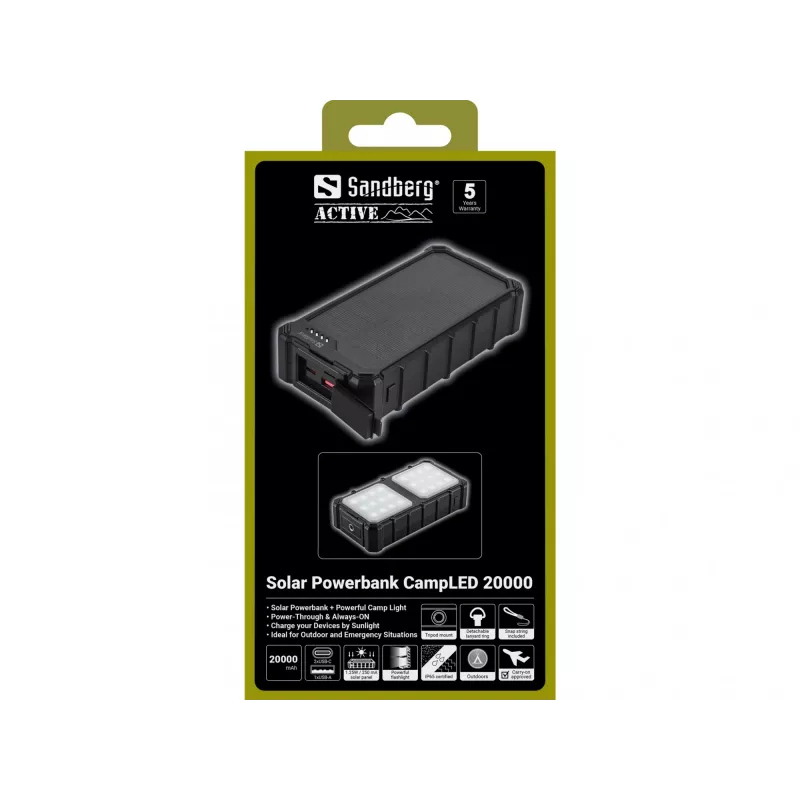 Sandberg Solar Powerbank CampLED 20000, 20000 mAh, Programmable Power Supply (PPS), 3,7 V, 15 W, zwart