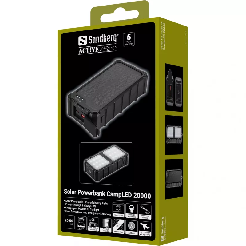 Sandberg Solar Powerbank CampLED 20000, 20000 mAh, Programmable Power Supply (PPS), 3,7 V, 15 W, zwart
