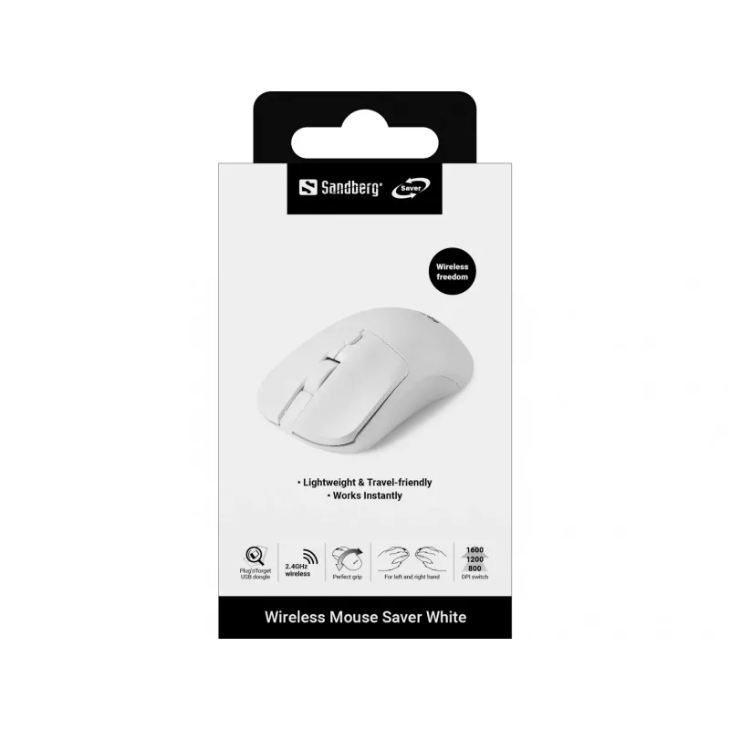 Sandberg draadloze muis Saver wit, voor beide handen, RF draadloos, 1600 DPI, wit