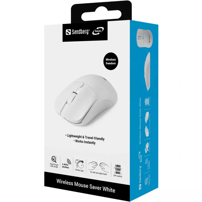 Sandberg draadloze muis Saver wit, voor beide handen, RF draadloos, 1600 DPI, wit