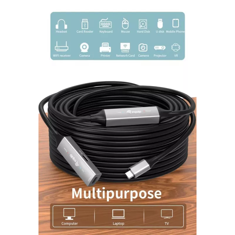 USB-C naar USB-C actieve verlengkabel EQUIP 10 m, USB 3.2 Gen 1 (5 Gbit/s), zwart