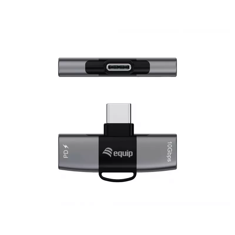 Adapter USB-C OTG 2-in-1 EQUIP 133479 — 100W PD, 10Gbit/s, 1x USB-C naar 2x USB-C, grijs