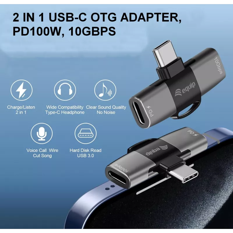 Adapter USB-C OTG 2-in-1 EQUIP 133479 — 100W PD, 10Gbit/s, 1x USB-C naar 2x USB-C, grijs