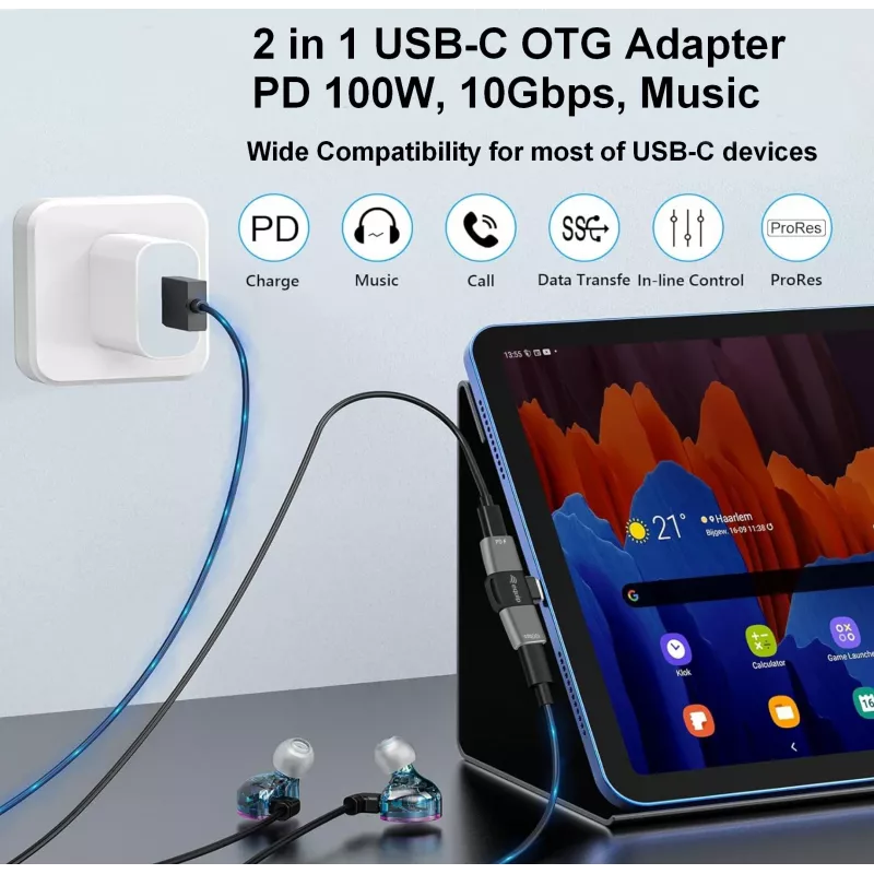 Adapter USB-C OTG 2-in-1 EQUIP 133479 — 100W PD, 10Gbit/s, 1x USB-C naar 2x USB-C, grijs