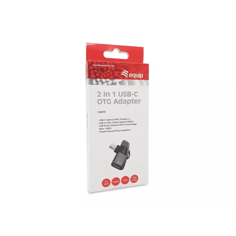 Adapter USB-C OTG 2-in-1 EQUIP 133479 — 100W PD, 10Gbit/s, 1x USB-C naar 2x USB-C, grijs