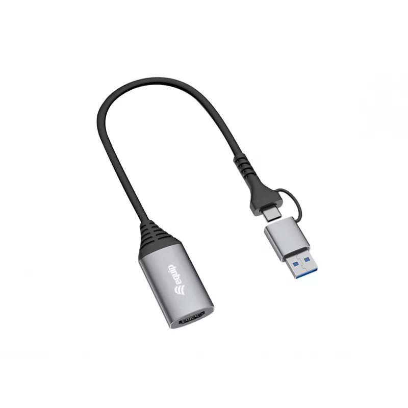 USB naar HDMI adapter EQUIP 133498 (USB-C en USB-A stekker naar HDMI, 1080p, aluminium behuizing, grijs)