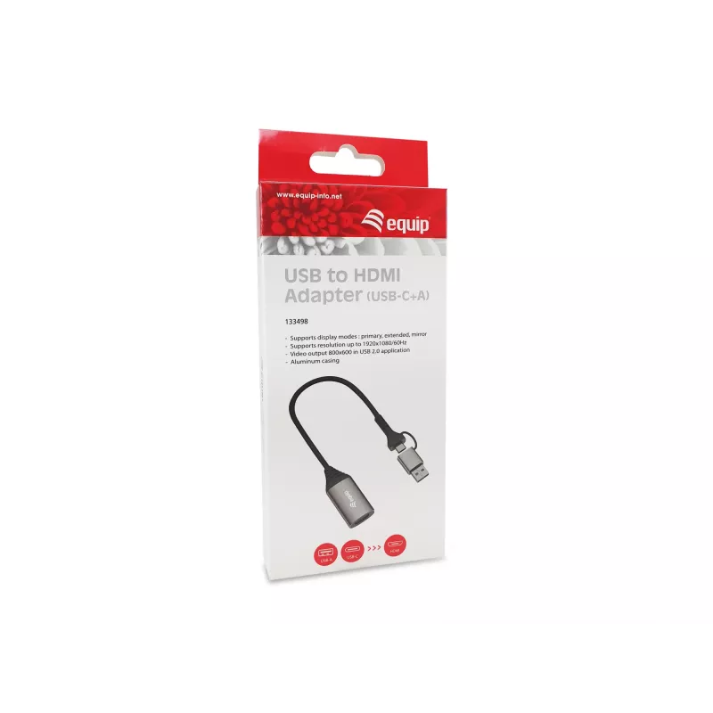 USB naar HDMI adapter EQUIP 133498 (USB-C en USB-A stekker naar HDMI, 1080p, aluminium behuizing, grijs)