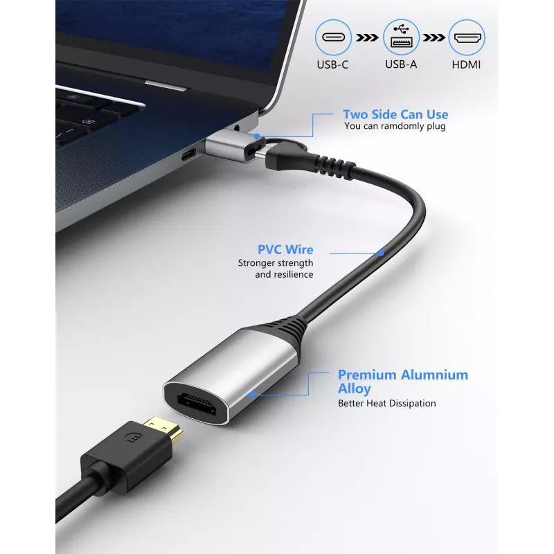 USB naar HDMI adapter EQUIP 133498 (USB-C en USB-A stekker naar HDMI, 1080p, aluminium behuizing, grijs)