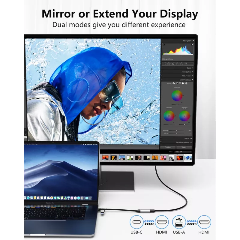 USB naar HDMI adapter EQUIP 133498 (USB-C en USB-A stekker naar HDMI, 1080p, aluminium behuizing, grijs)