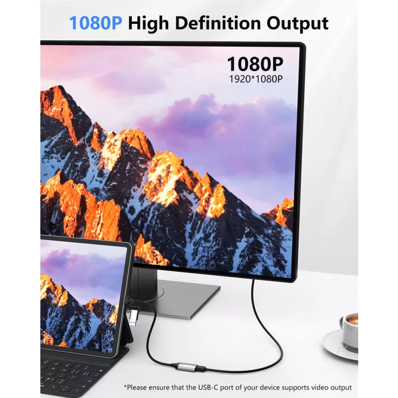 USB naar HDMI adapter EQUIP 133498 (USB-C en USB-A stekker naar HDMI, 1080p, aluminium behuizing, grijs)