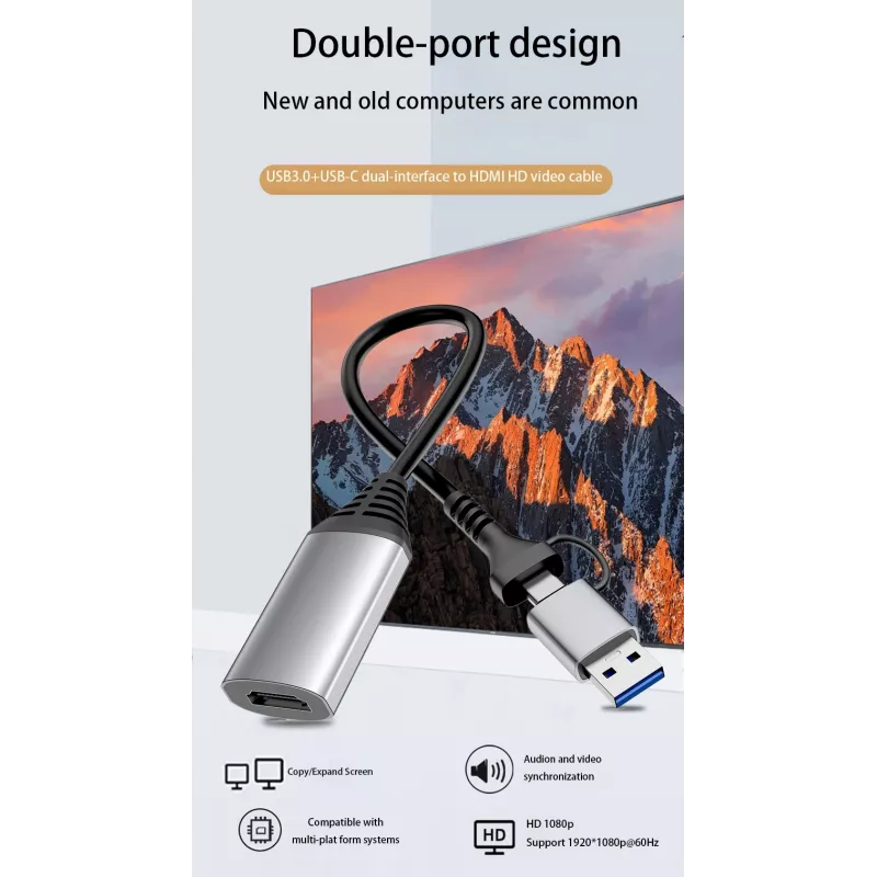 USB naar HDMI adapter EQUIP 133498 (USB-C en USB-A stekker naar HDMI, 1080p, aluminium behuizing, grijs)