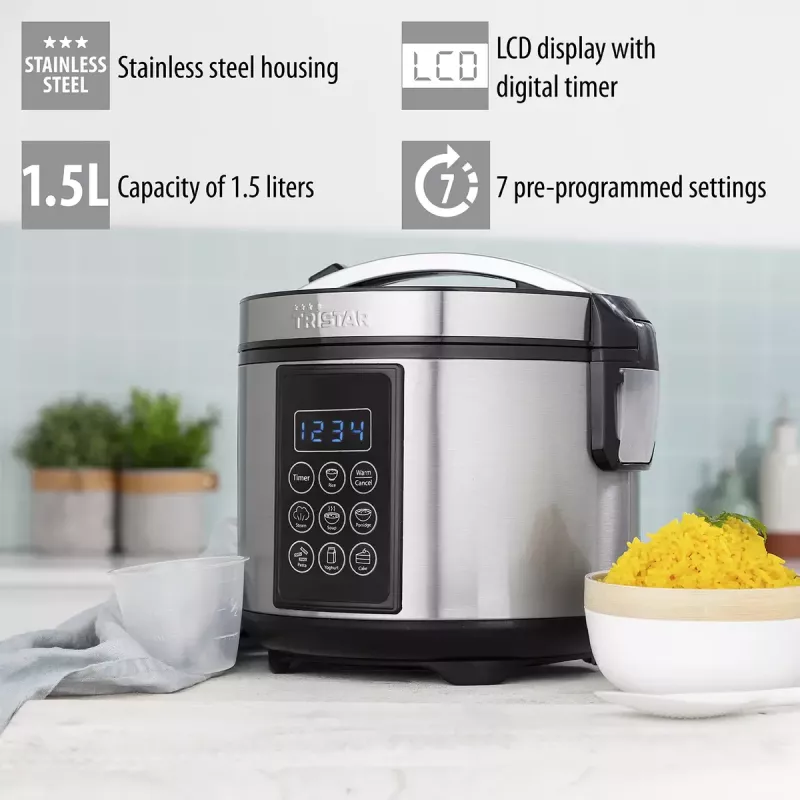 Multicooker Tristar RK-6132 — 1,5 L, 500 W, 7 automatische programma's, LCD, RVS/zwart