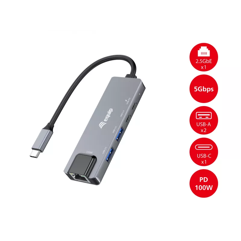 Equip 5-in-1 multifunctionele adapter, 2,5GbE, USB-A x 2, USB-C x 1, USB-C, 100W USB PD