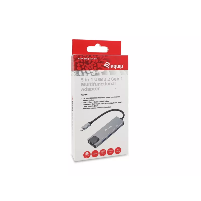 Equip 5-in-1 multifunctionele adapter, 2,5GbE, USB-A x 2, USB-C x 1, USB-C, 100W USB PD