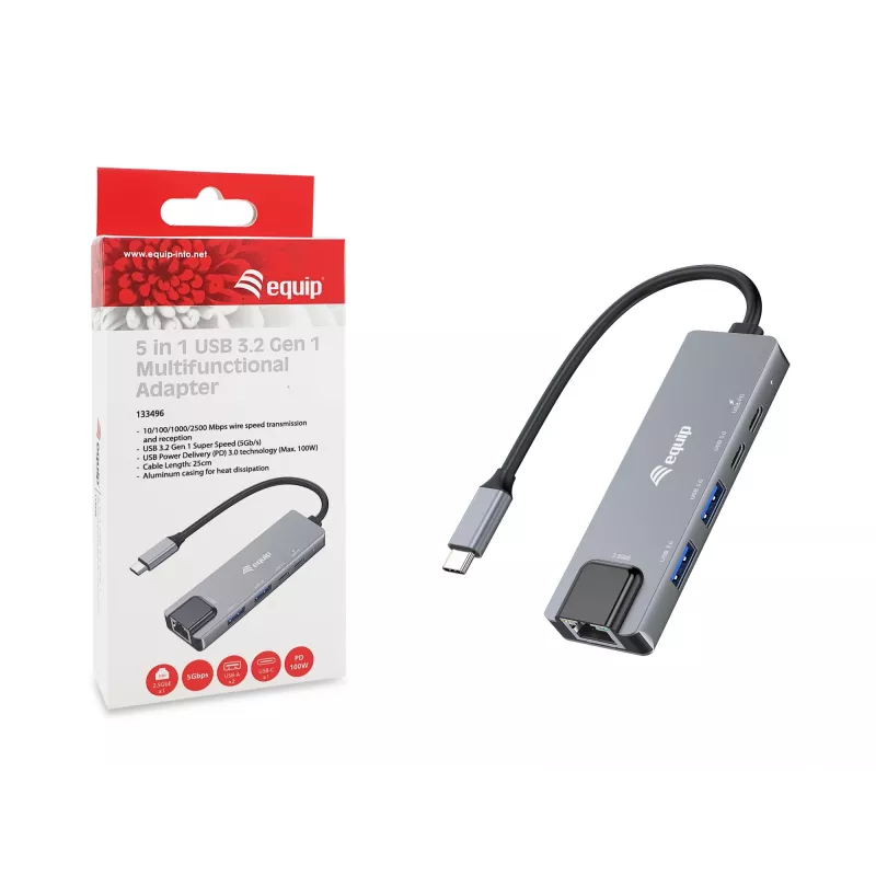 Equip 5-in-1 multifunctionele adapter, 2,5GbE, USB-A x 2, USB-C x 1, USB-C, 100W USB PD