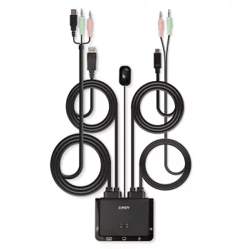 Lindy 2-poorts DisplayPort 1.2, USB Type-C, USB 2.0 en audio kabel KVM-switch