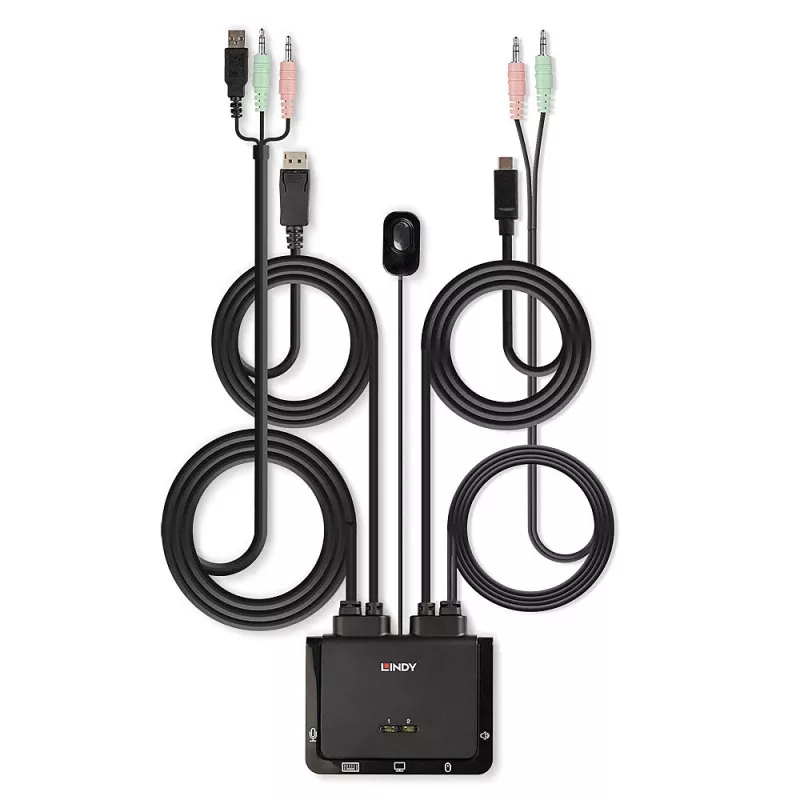 Lindy 2-poorts DisplayPort 1.2, USB Type-C, USB 2.0 en audio kabel KVM-switch