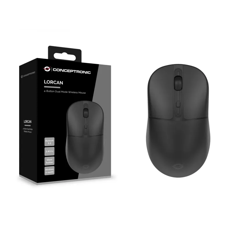 Conceptronic LORCAN04B 4-toets dual-mode draadloze muis, Bluetooth 5.2, 2,4 GHz