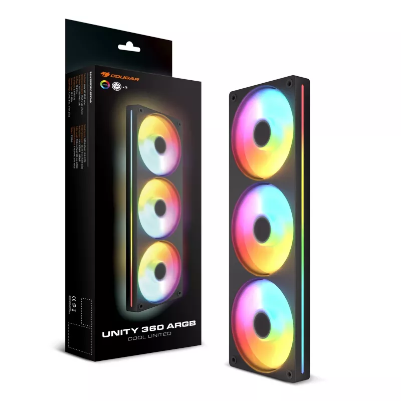Cougar Unity360-FB single-frame 360 ARGB PWM Forward, 120mm×3, 700–2500 RPM, FDB, 5.4 mmH2O, zwart