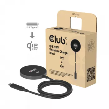 Draadloze oplader CLUB3D CAC-3027 Qi2 25W MagSafe-compatibel magnetisch pad, DC-oplader voor binnen, 1 m kabel, zwart
