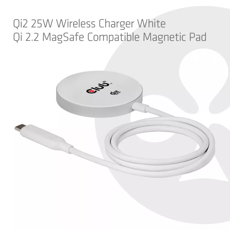 Draadloze oplader club 3d CAC-3026 25W Qi2 magnetisch pad, Qi 2.2 MagSafe compatibel, 1 m kabel, wit