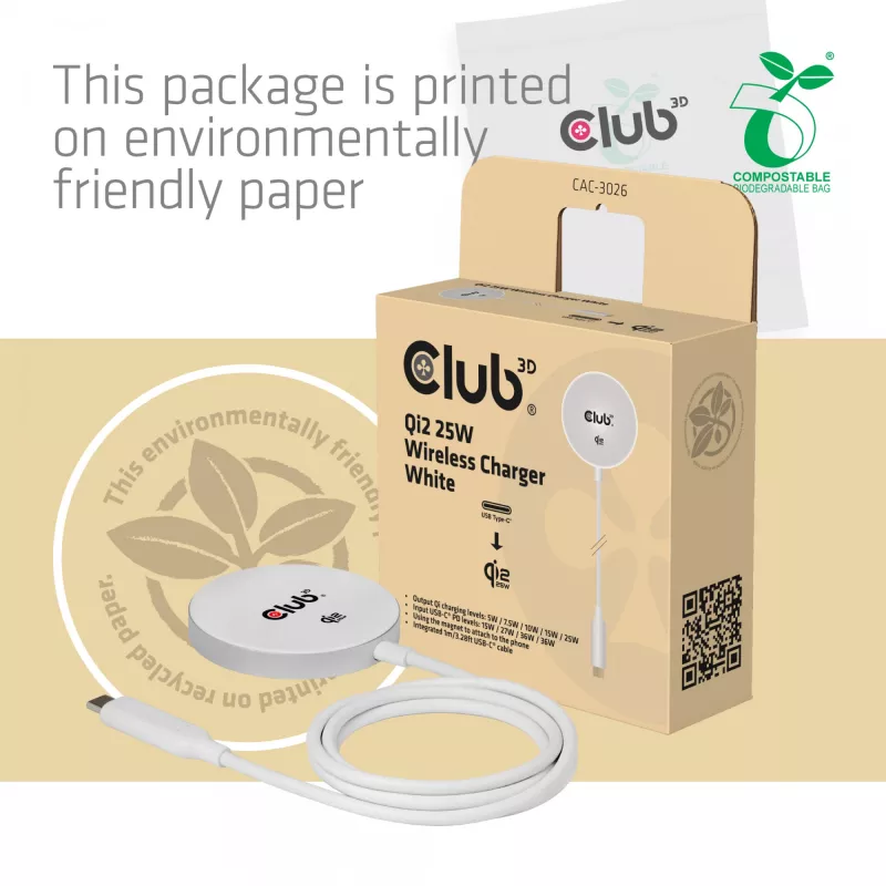 Draadloze oplader club 3d CAC-3026 25W Qi2 magnetisch pad, Qi 2.2 MagSafe compatibel, 1 m kabel, wit