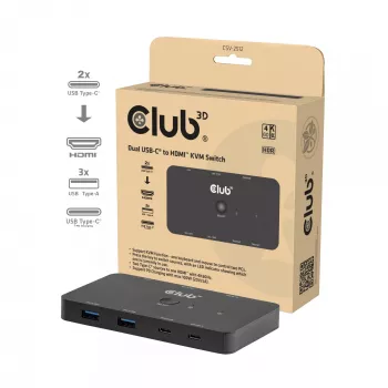 KVM-switch club 3d Dual USB-C naar HDMI, 2-poorts, 4K UHD 3840x2160, USB-C-console, 65W PD, zwart