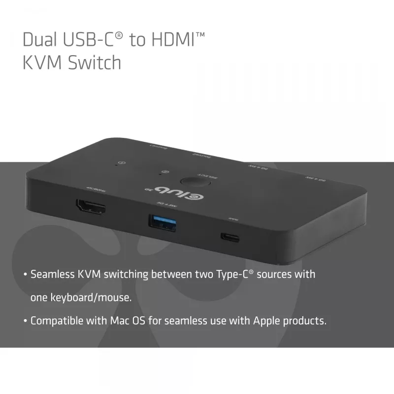 KVM-switch club 3d Dual USB-C naar HDMI, 2-poorts, 4K UHD 3840x2160, USB-C-console, 65W PD, zwart