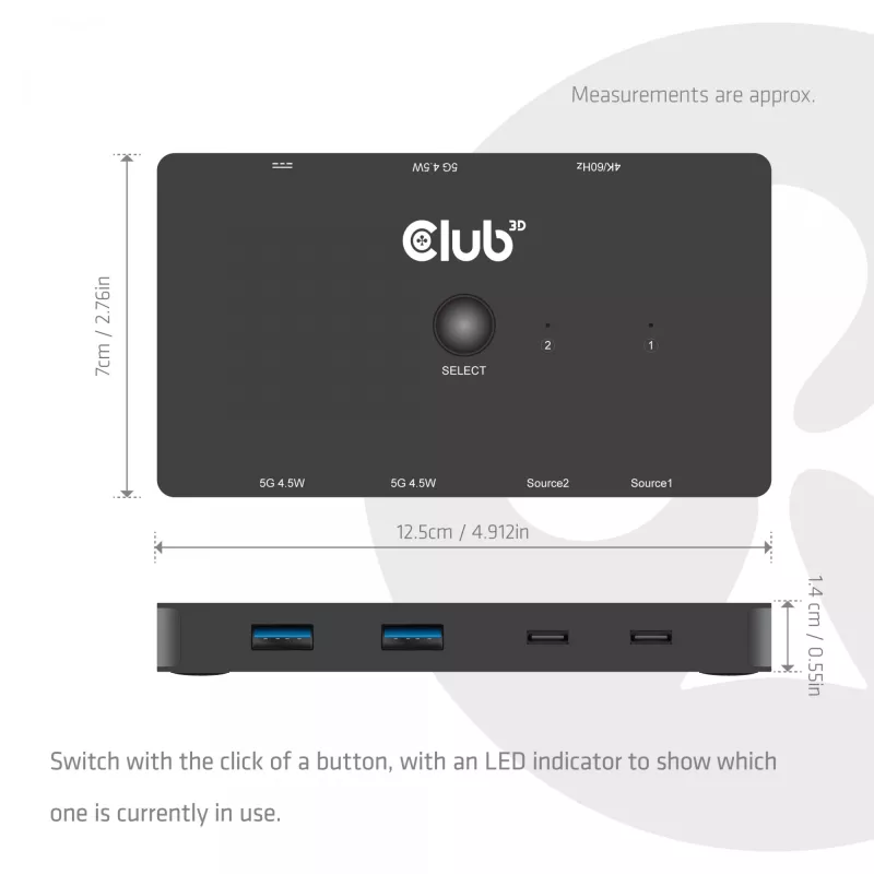KVM-switch club 3d Dual USB-C naar HDMI, 2-poorts, 4K UHD 3840x2160, USB-C-console, 65W PD, zwart