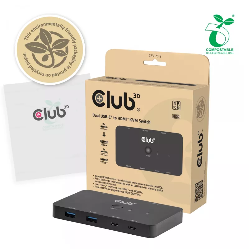 KVM-switch club 3d Dual USB-C naar HDMI, 2-poorts, 4K UHD 3840x2160, USB-C-console, 65W PD, zwart