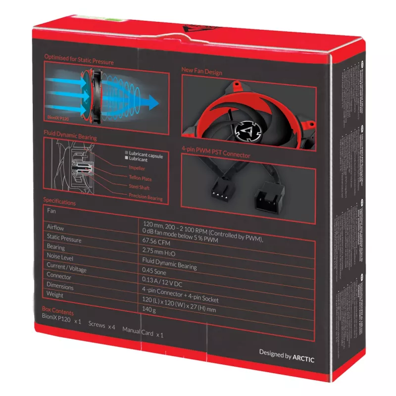 ARCTIC BioniX P120 (rood) – drukgeoptimaliseerde 120-mm gaming-ventilator met PWM PST