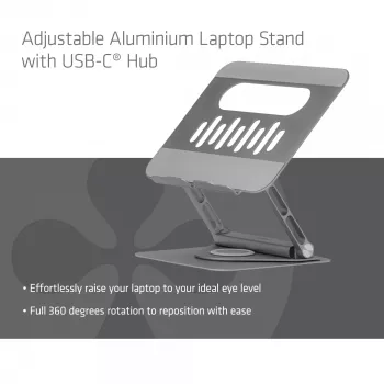 CLUB3D verstelbare aluminium laptopstandaard met USB-C® hub, grijs, 260 mm, 224 mm, 56 mm, 1,76 kg, 315 mm