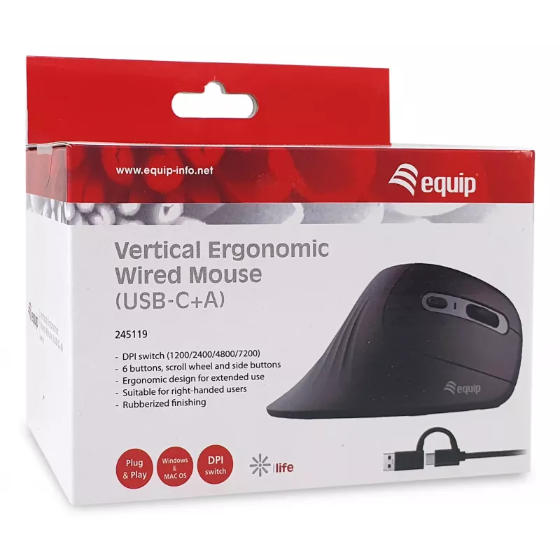 Equip 245119 muis universeel rechtshandig USB Type-A + USB Type-C optisch 7200 DPI