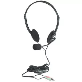 Manhattan stereo on-ear-headset (3,5 mm), microfoonbeugel, inline volumeregeling, schuim oorkussens, standaard 2x 3,5-mm-stereojackstekkers voor audio-/microfoongebruik, kabel 2 m, zwart, drie jaar garantie