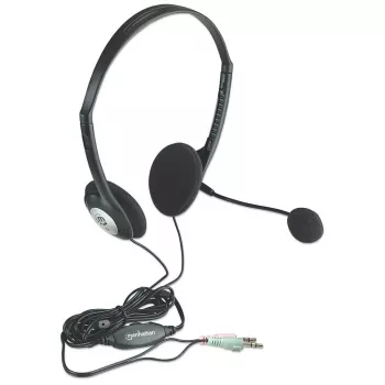 Manhattan stereo on-ear-headset (3,5 mm), microfoonbeugel, inline volumeregeling, schuim oorkussens, standaard 2x 3,5-mm-stereojackstekkers voor audio-/microfoongebruik, kabel 2 m, zwart, drie jaar garantie