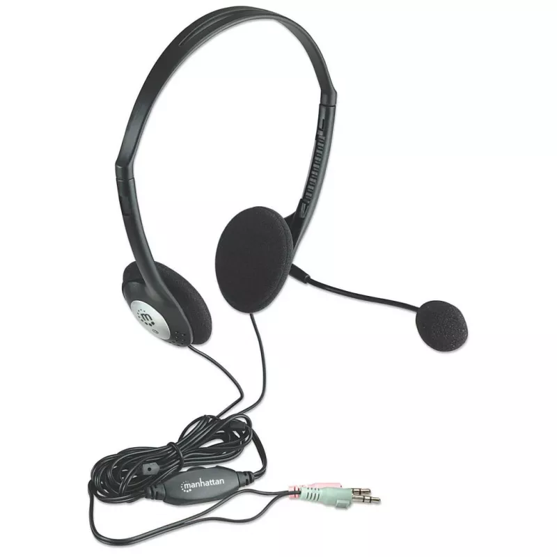 Manhattan stereo on-ear-headset (3,5 mm), microfoonbeugel, inline volumeregeling, schuim oorkussens, standaard 2x 3,5-mm-stereojackstekkers voor audio-/microfoongebruik, kabel 2 m, zwart, drie jaar garantie