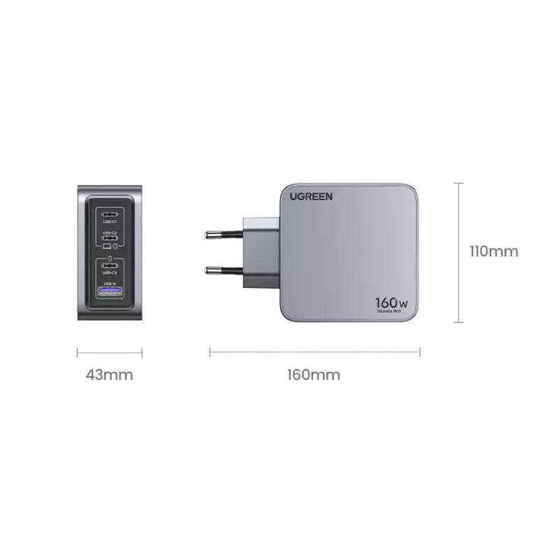 Ugreen Nexode Pro 160W GaN oplader met USB-C-kabel universeel zwart, grijs AC snelladen binnen